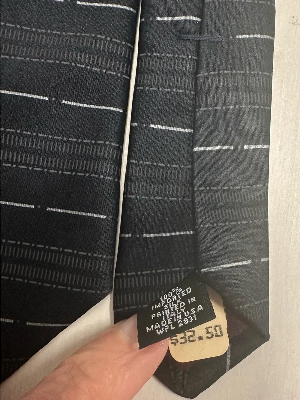 Men's Black Patterned Necktie with Subtle Gray Dash Lines